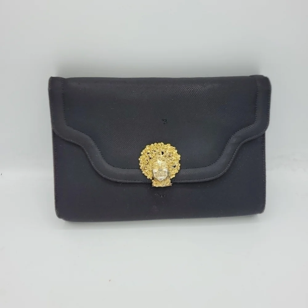 VTG Miss Lewis Black Satin Evening Clutch with Ornate Gold Face Medallion